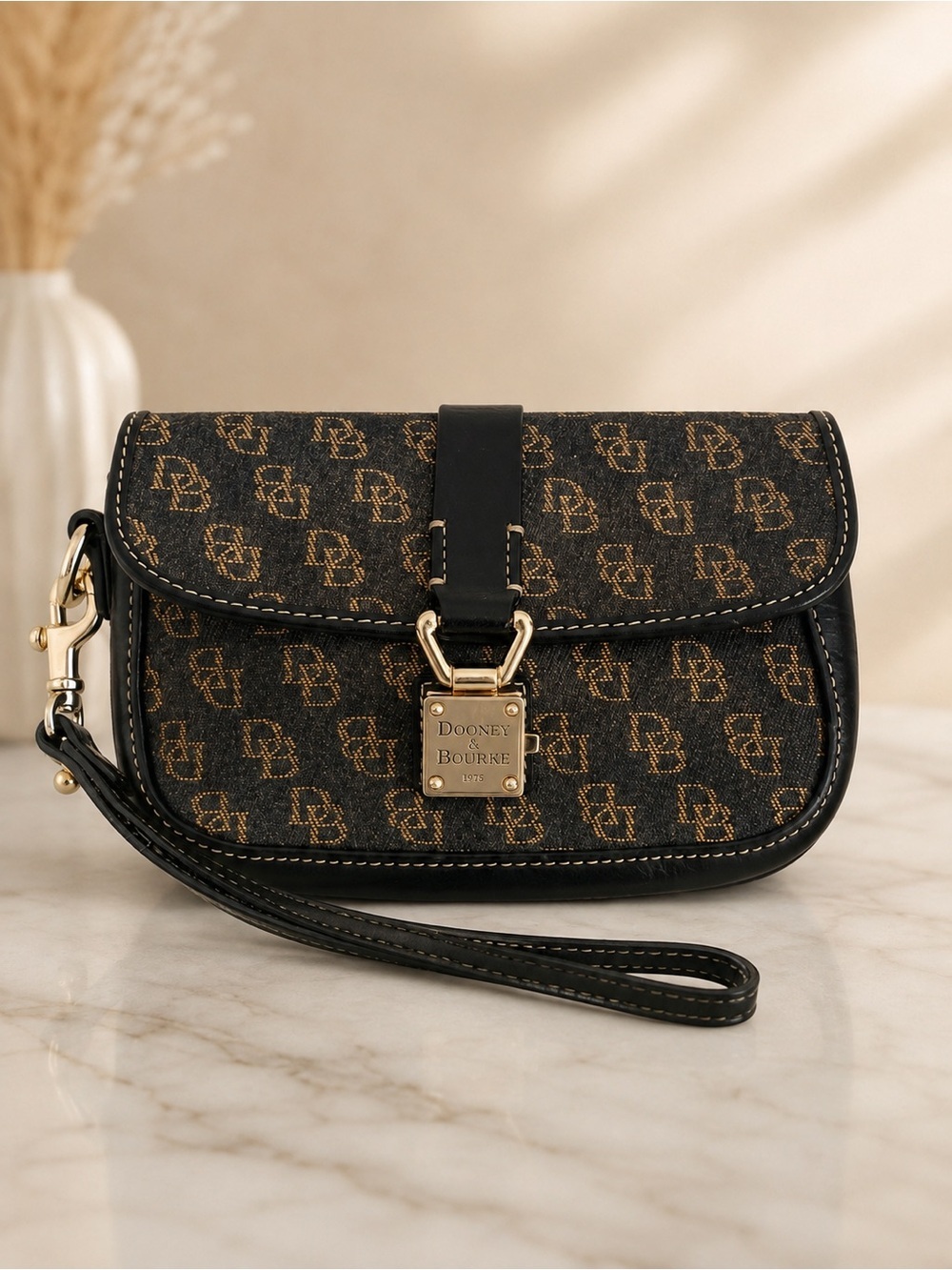 Dooney & Bourke Signature DB Canvas Leather Wristlet Clutch Bag Brown Black